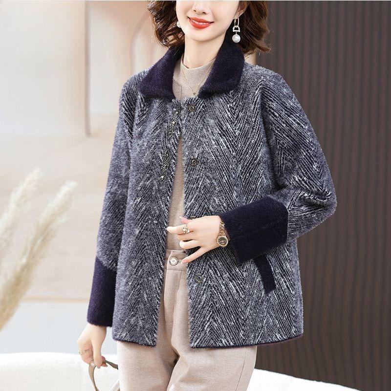 Осенний женский кардиган Простой вязаный свитер Пальто Мода для мамы среднего возраста Верхняя одежда