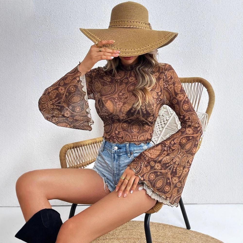 Spring Summer Ladies Mesh Printed Round Neck Flared Sleeve Long Sleeve T-Shirt