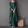 Spring Loose Size Round Neck Mid-Sleeve Large Swing Cotton and Linen Long Dress