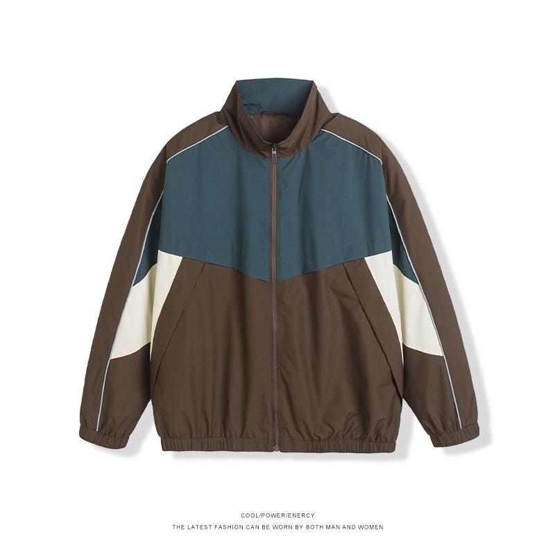 Fashion Brand American Retro Color Contrast Splicing Stand Collar Jacket Men and Women's New Autumn Loose Trend Couple Casual Coat