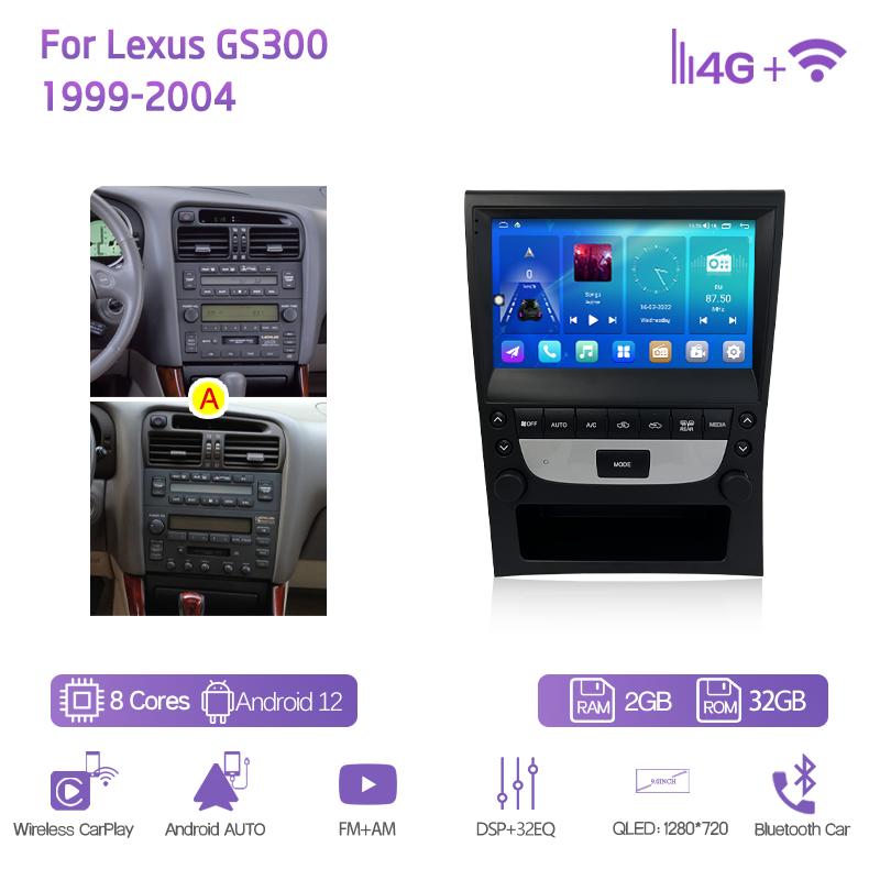 9,0 дюймов Для Lexus GS300 1999-2004 GPS Навигация Радио Android12 8+128 ГБ 8 ядер CarPlay 4G Камера 360 Автомобильный мультимедийный видеоплеер