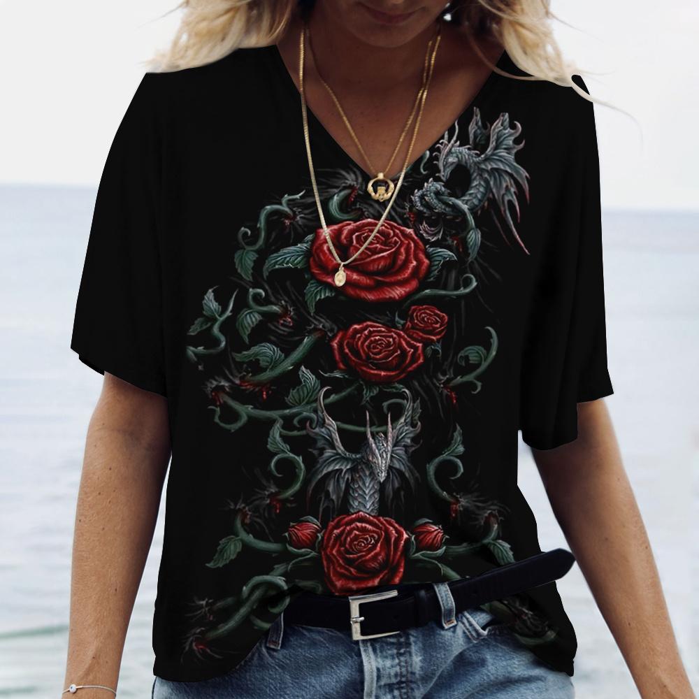 2022 New Women's T-shirts Skull Print Women's Short-sleeved Tops V-neck Pullover Streetwear Oversized T-shirts Summer Clothing