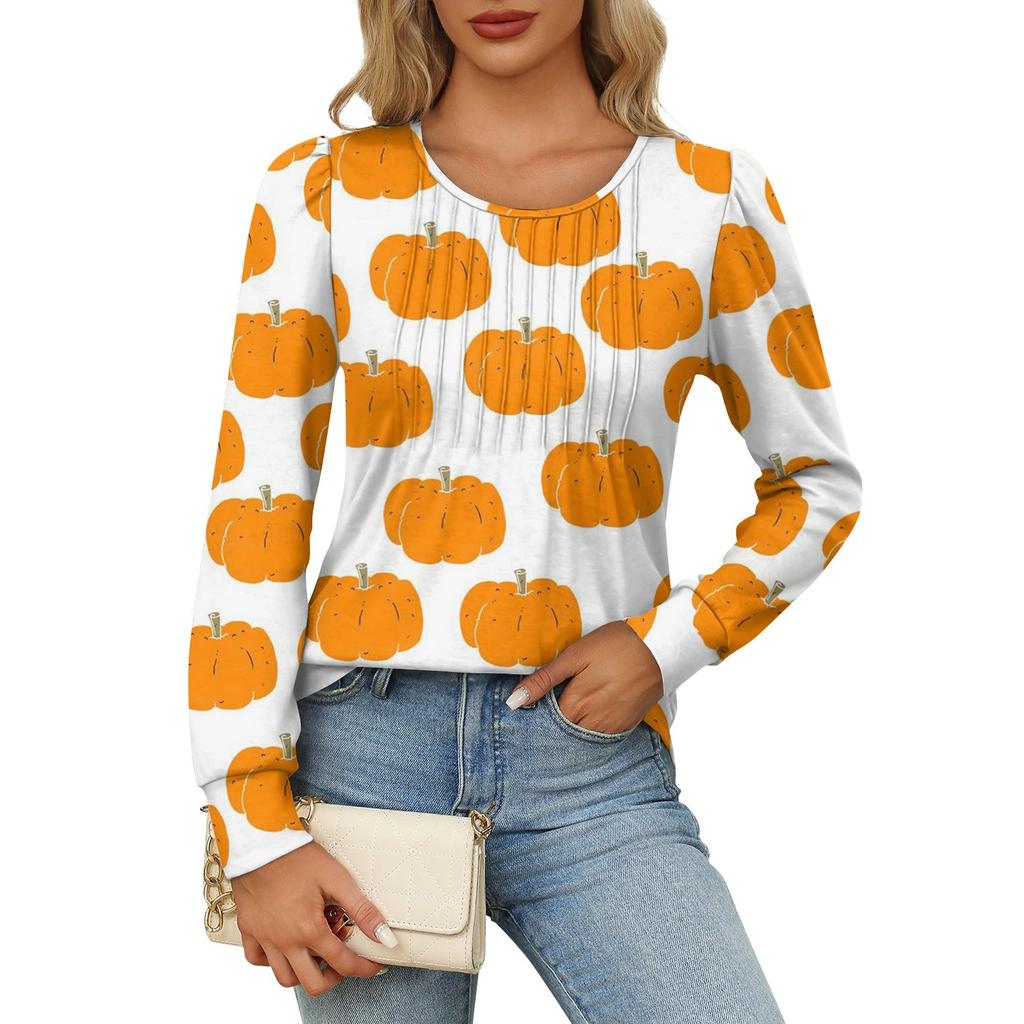 Long Sleeve Shirts For Women Cute Print Graphic Tees Blouses Dressy Casual Blouses Pleated Scooped Neck Tunic Tops Halloween