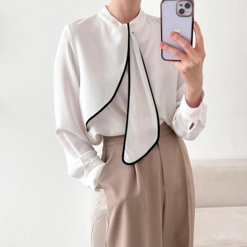 New Arrivals Open Run Women Unique Office Blouse Long Sleeve Color Block Fall