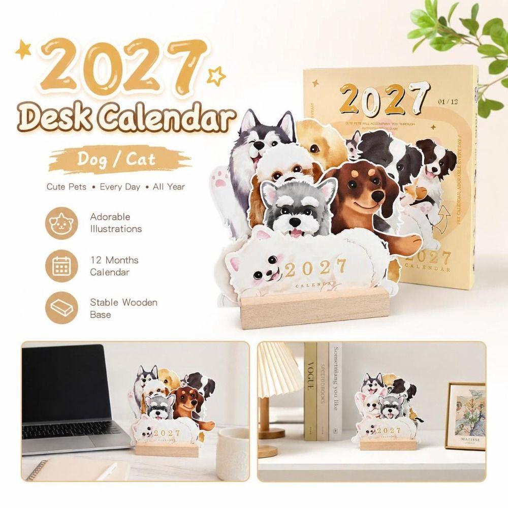 Pop-Up 2027 Desk Calendar with Wooden Base Dog Calendar Gifts 3D Pop-Up Calendar Desktop Display