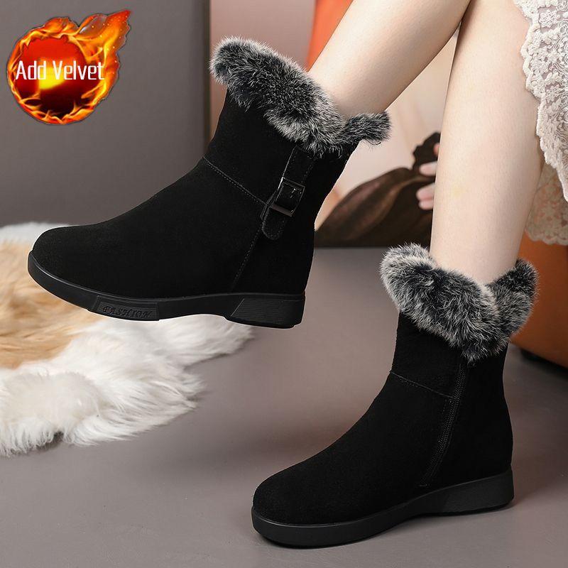 Зимние женские туфли с круглым носком, флисовая подкладка, плоские сапоги для снега для женщин, удобные и элегантные, модные плюшевые ботильоны