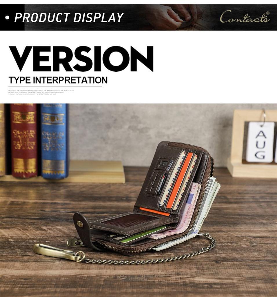 Black Angel RFID Anti-Theft Men's Wallet with Cowhide, Chain, Zipper, and Fashion Buckle