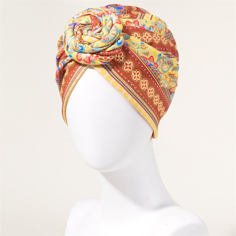 New African Print Pleated Turban Floral Beanie Pre Tied Front Knot Elastic Head Wrap Elegant Women Chemo Cap Bandana Headwear