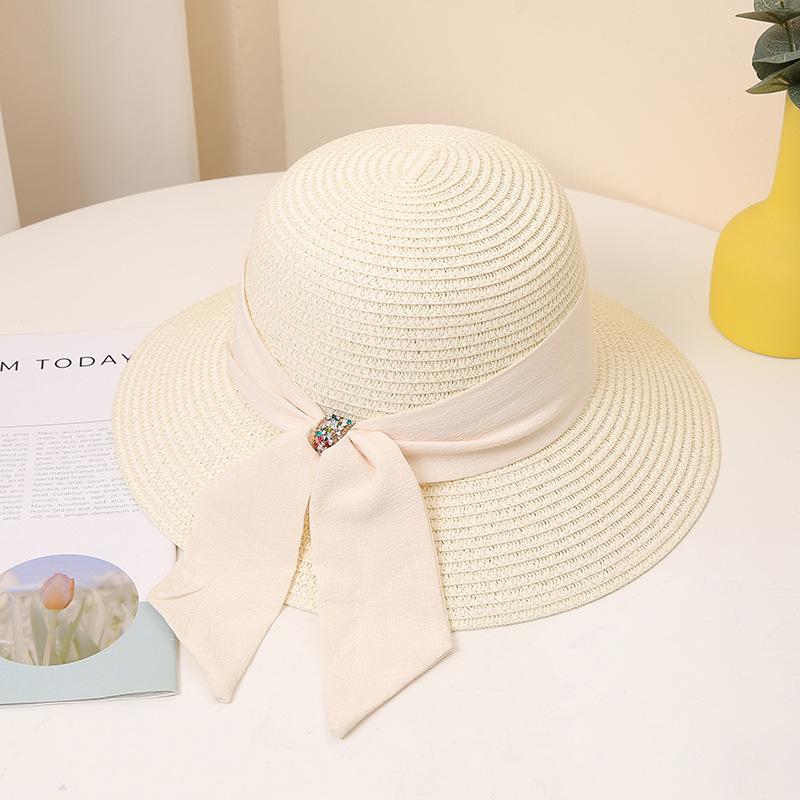 Женская широкополая соломенная шляпа от солнца с элегантным черным бантом, однотонная пляжная шляпа для летних путешествий, классическая защита от ультрафиолета на открытом воздухе