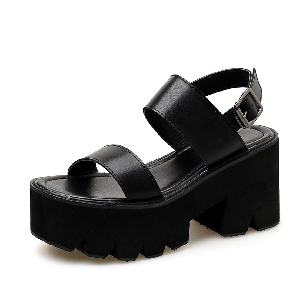 Сандалии на блочном каблуке, женские туфли на платформе с открытым носком, повседневная женская женская обувь с ремешком на щиколотке, черная кожаная женская обувь на лето