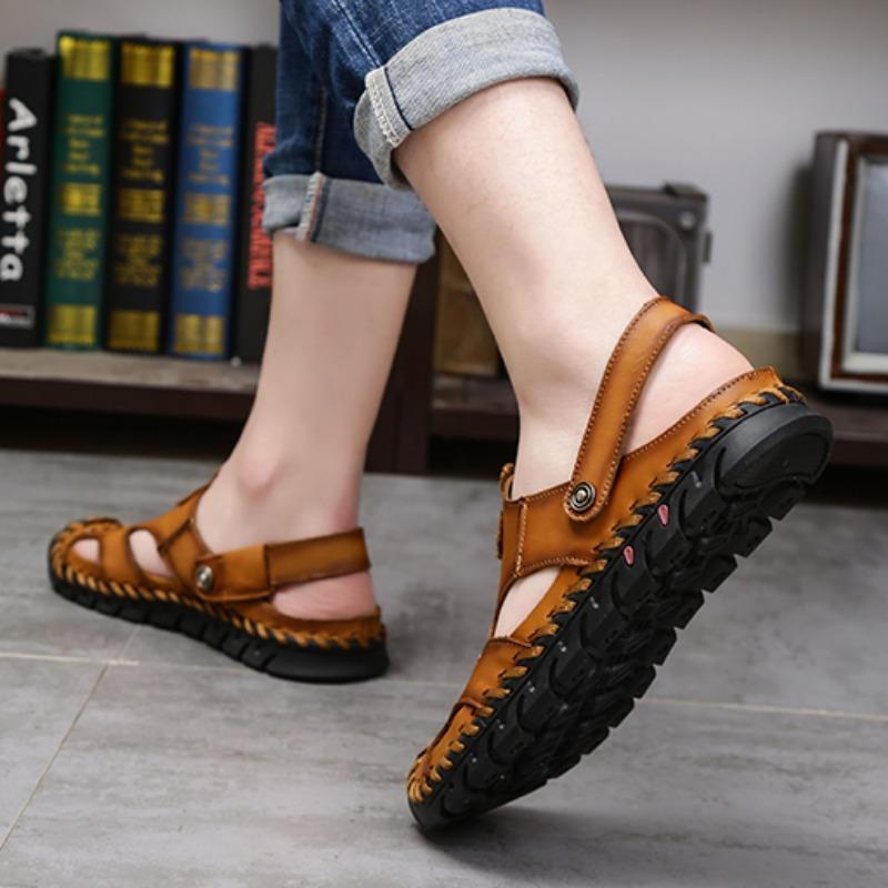 Летние мужские кожаные пляжные сандалии большого размера Мужские сандалии с закрытым носком