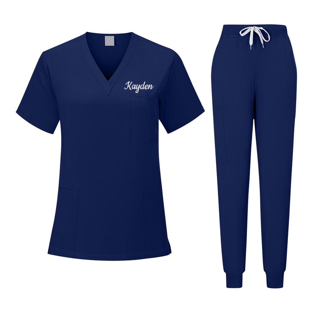 Персонализированный Пользовательский Вышитый Текст Унисекс V-образный вырез Однотонный Быстросохнущая Ткань Тонкая Клиническая Рабочая Одежда Одежда для Ручной Стирки Одежда