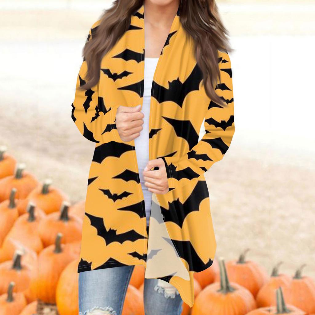 Женская модная повседневная куртка-кардиган средней длины с длинным рукавом и принтом на Хэллоуин