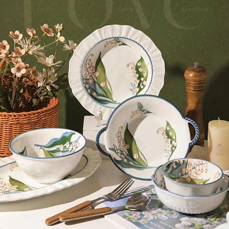Creative Retro Flowers Ceramic Plate Home Delicious Dishes Soup Bowls Exquisite Salad Fruits Plates Unique Tableware