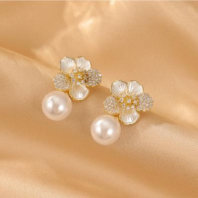 Серьги-гвоздики Sweet Dripping Oil Zircon Pearl Flower, легкие, роскошные, темпераментные, высокочувствительные серьги Mori Personality, универсальные серьги для женщин