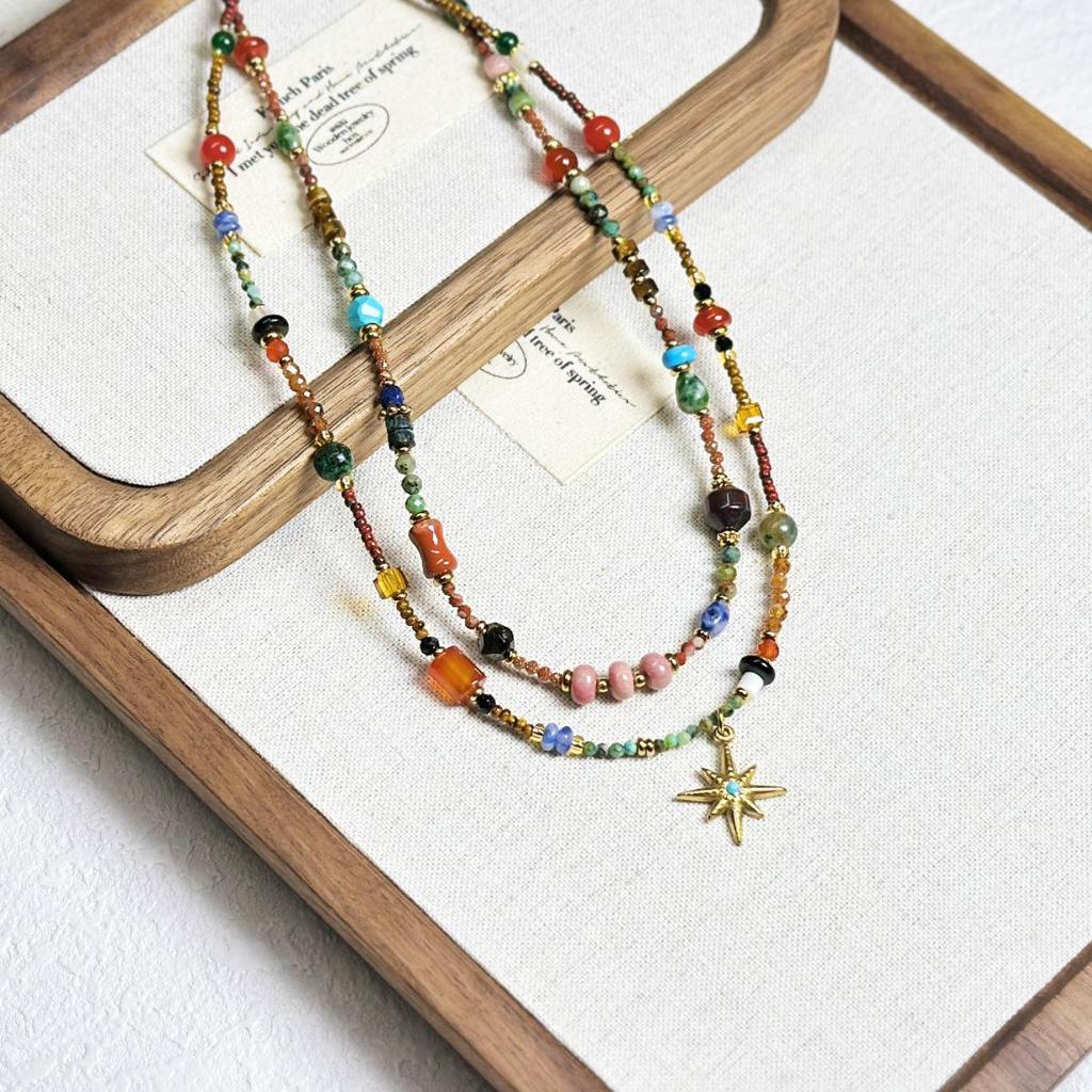 Handmade Natural Stone Beaded Clavicle Necklace with Vintage Starburst Design