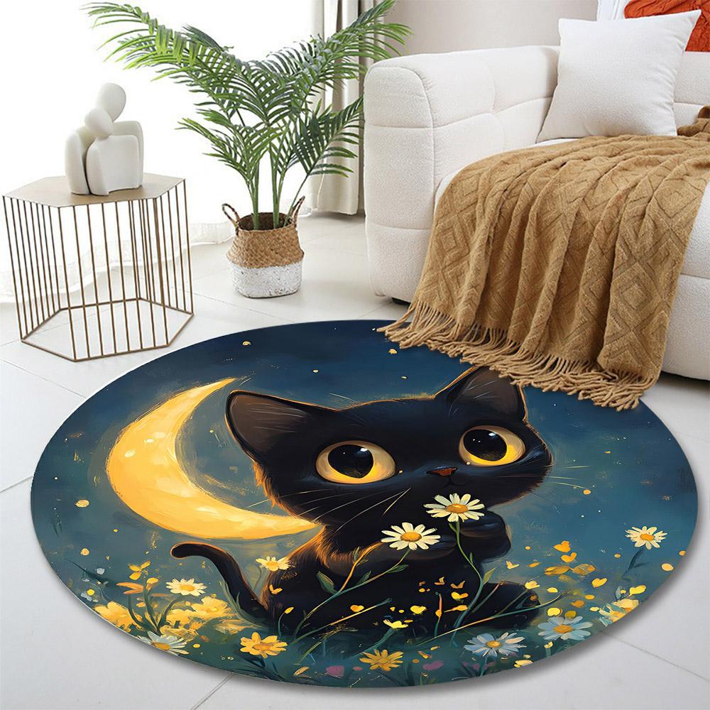 Black Cat and Yellow Moon Magic Print round rug, living room, bedroom, playroom carpet, non slip floor mat, gift