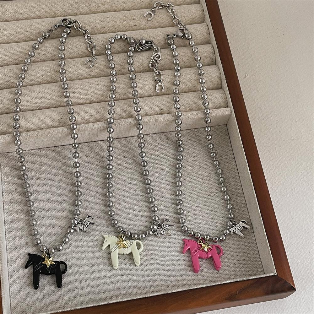 Alloy Horse Pendant Necklace Silver Plated Beads Neck Chain Enamel Pendant Necklace  for Women
