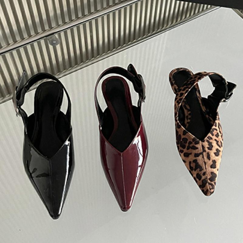 Fashion Design Big Buckle Strap Women Casual Flat Mules Sandals High Quality Cozy Patent Leather Pointed Toe Dress Shoes