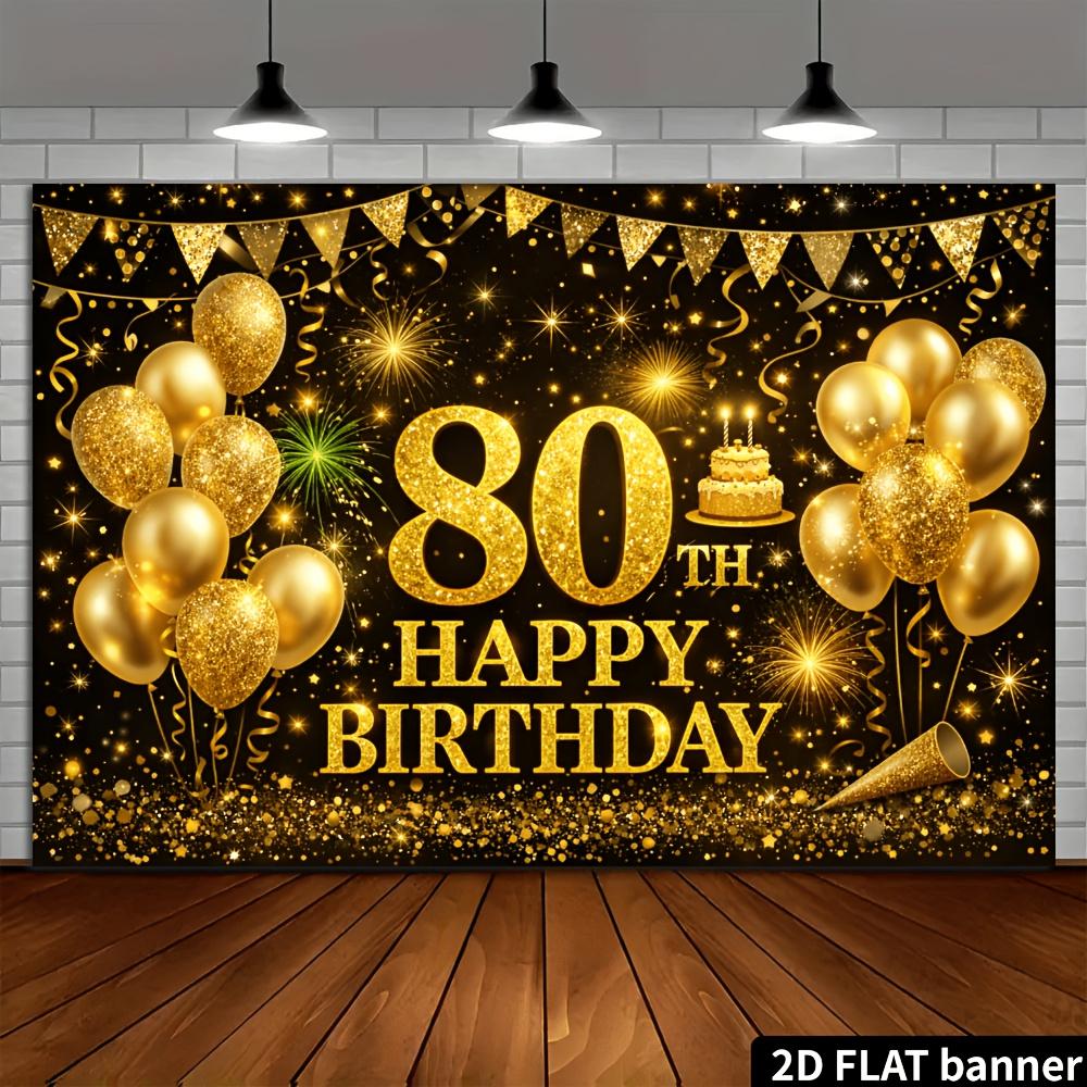 2D plane 80th birthday party banner background fabric - black and gold glitter theme family gathering