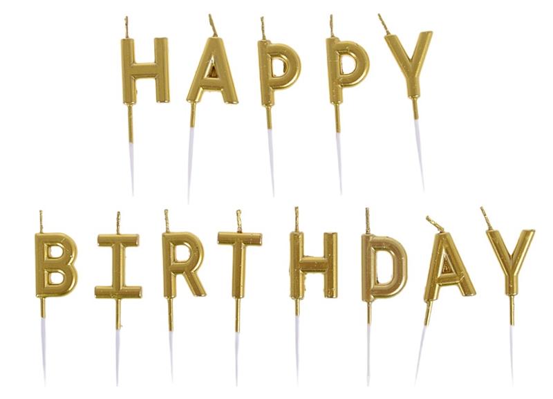 Świeczki Urodzinowe Na Tort Napis Happy Birthday Złoty 13Szt