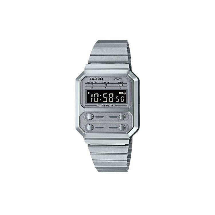 Casio Серия A100 Водонепроницаемые Повседневные Кварцевые Часы Нержавеющая Сталь Ремешок Унисекс Часы Серебристые A100WE-7B