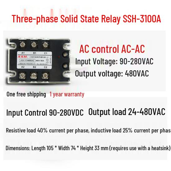 Sen She Three-Phase Solid State Relay 40A 480V DC Control AC 80-100-150A SSR60 MGR-3