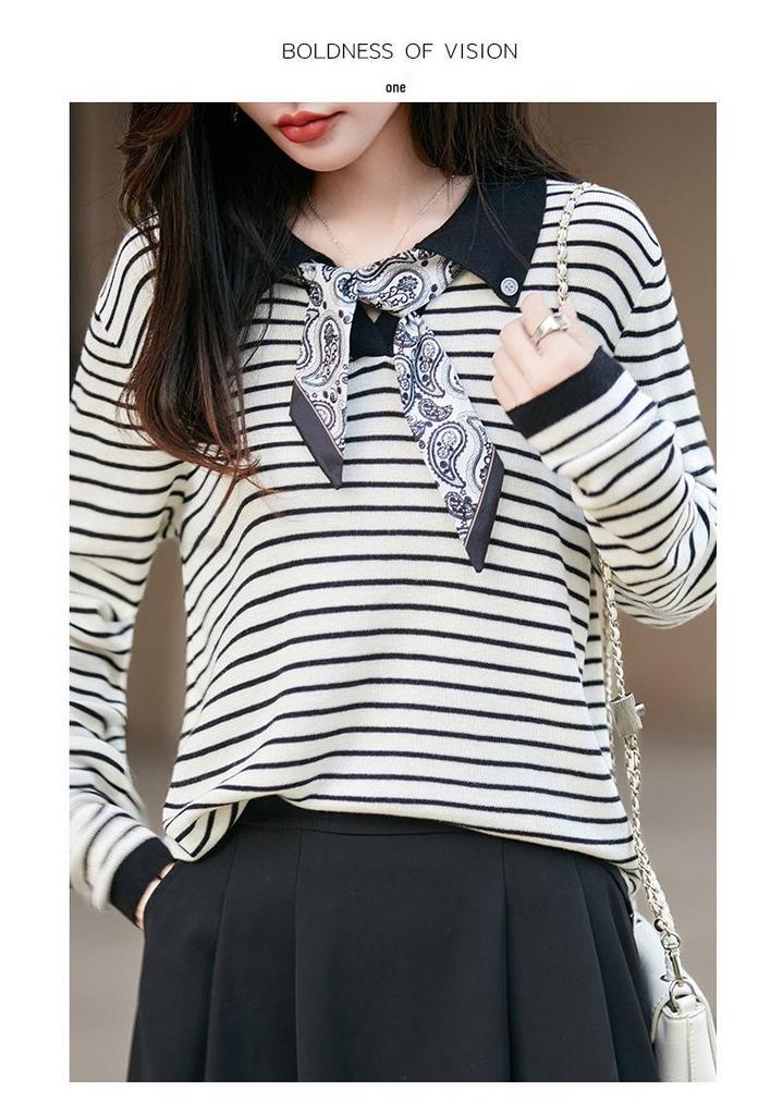 Women's French Polo Collar Knit Shirt with Scarf, Color Block Long Sleeve Autumn Sweater