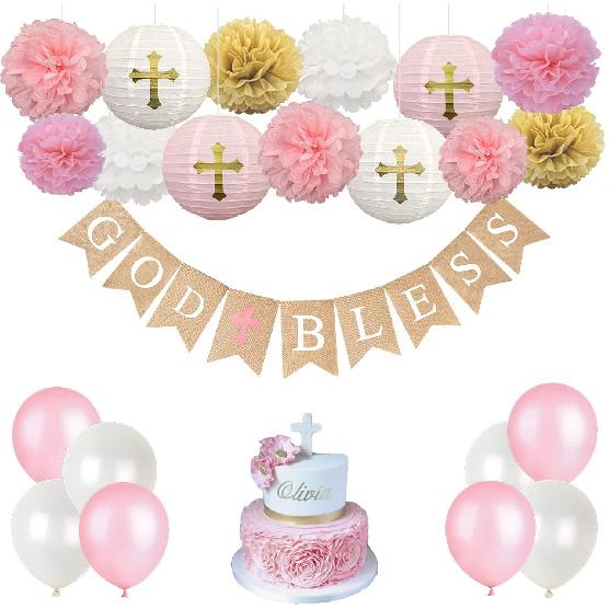 CHRORINE Baptism Decorations First Communion Confirmation Decorations Bautizo Decorations God Bless Banner (Pink)
