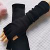 Autumn Winter Pure Black Knitted Arm Warmers Work Gloves Elbow Long Half Finger Gloves