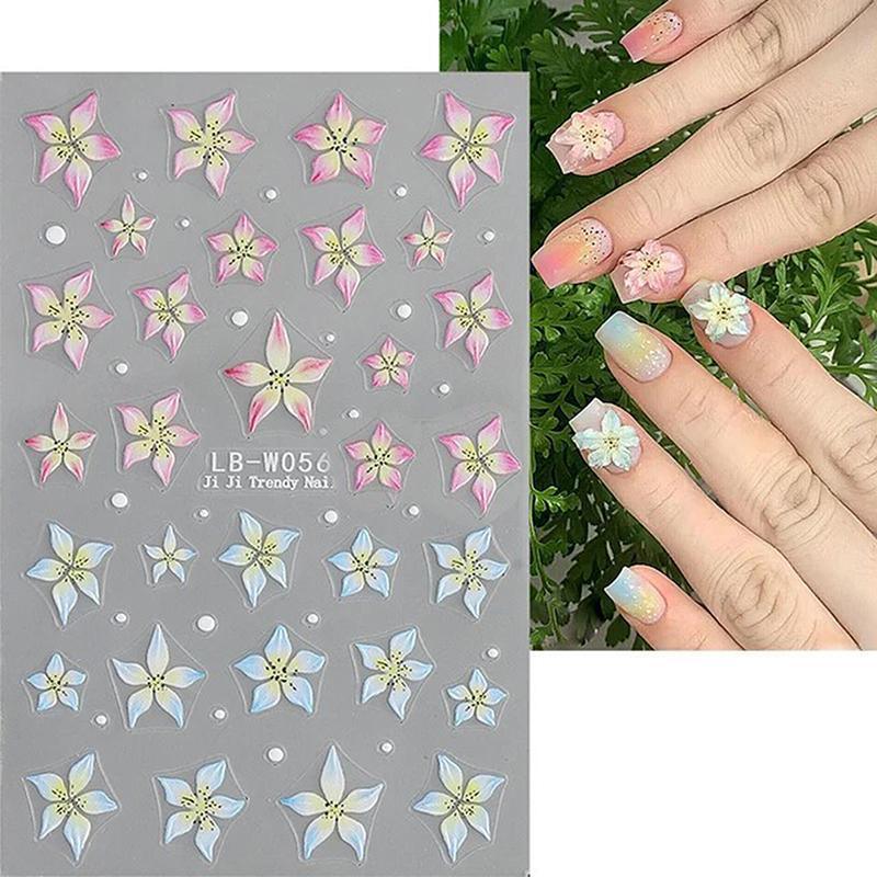 1 лист розовых лилий цветок наклейки для ногтей рельефные 3D желе пять лепестков цветок украшения ногтей наклейки самоклеящиеся слайдеры