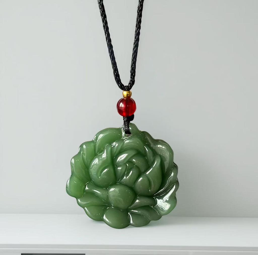 Imitation Hetian Jade Lotus Pendant Necklace for Women - White Jade Flower Blooming Wealth Design