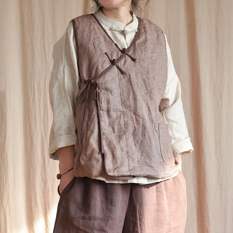 Johnature Женские льняные жилеты в китайском стиле, пальто с v-образным вырезом без рукавов, лоскутные карманы, однотонные осенние женские винтажные жилеты