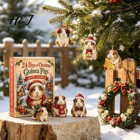 Holiday Home Decor Guinea Pig Advent Calendar, 24-Day Acrylic 2D Ornament Set with Christmas Countdown Gift Box Outfits, Tree Hanging Decor,