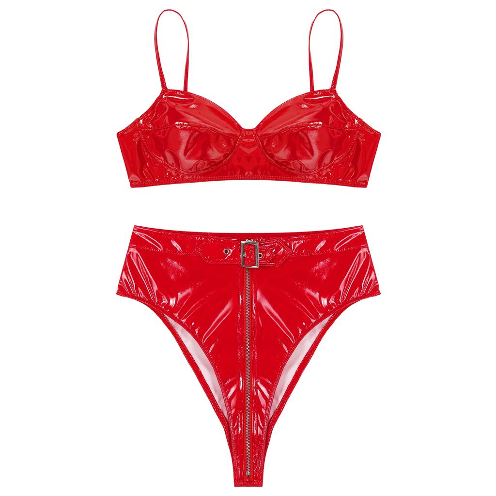 Комплект женского нижнего белья, состоящий из 2 предметов, комплект бикини из лакированной кожи с мокрым эффектом, топ и трусы, клубная одежда