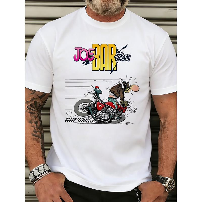White T Shirt Joe Bar Team Motorcycle Cartoon Print for Men Casual Streetwear Fashion