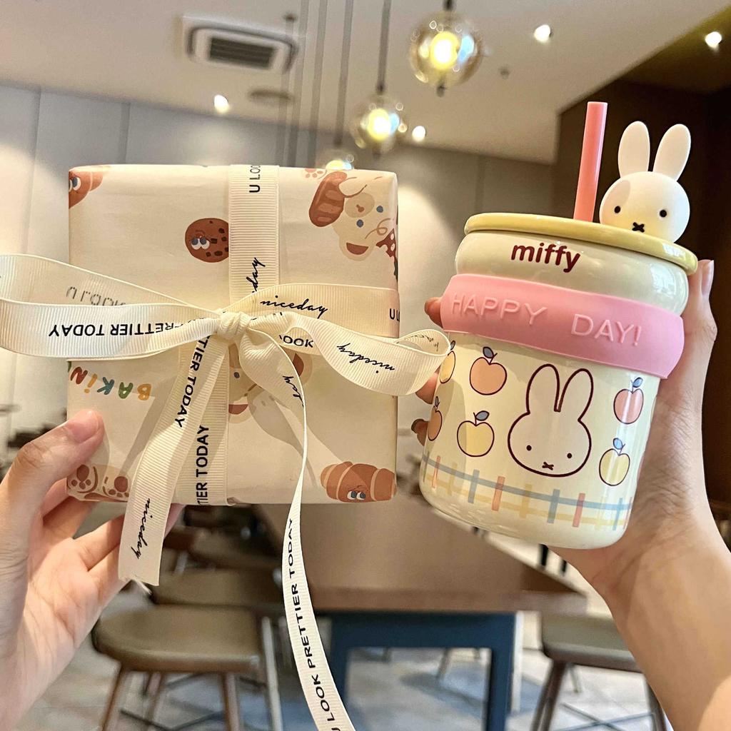 Дарите девочкам подарки на день рождения, милые керамические кружки Miffy Rabbit с крышками, соломенные стаканчики для девочек, сувениры для подруг