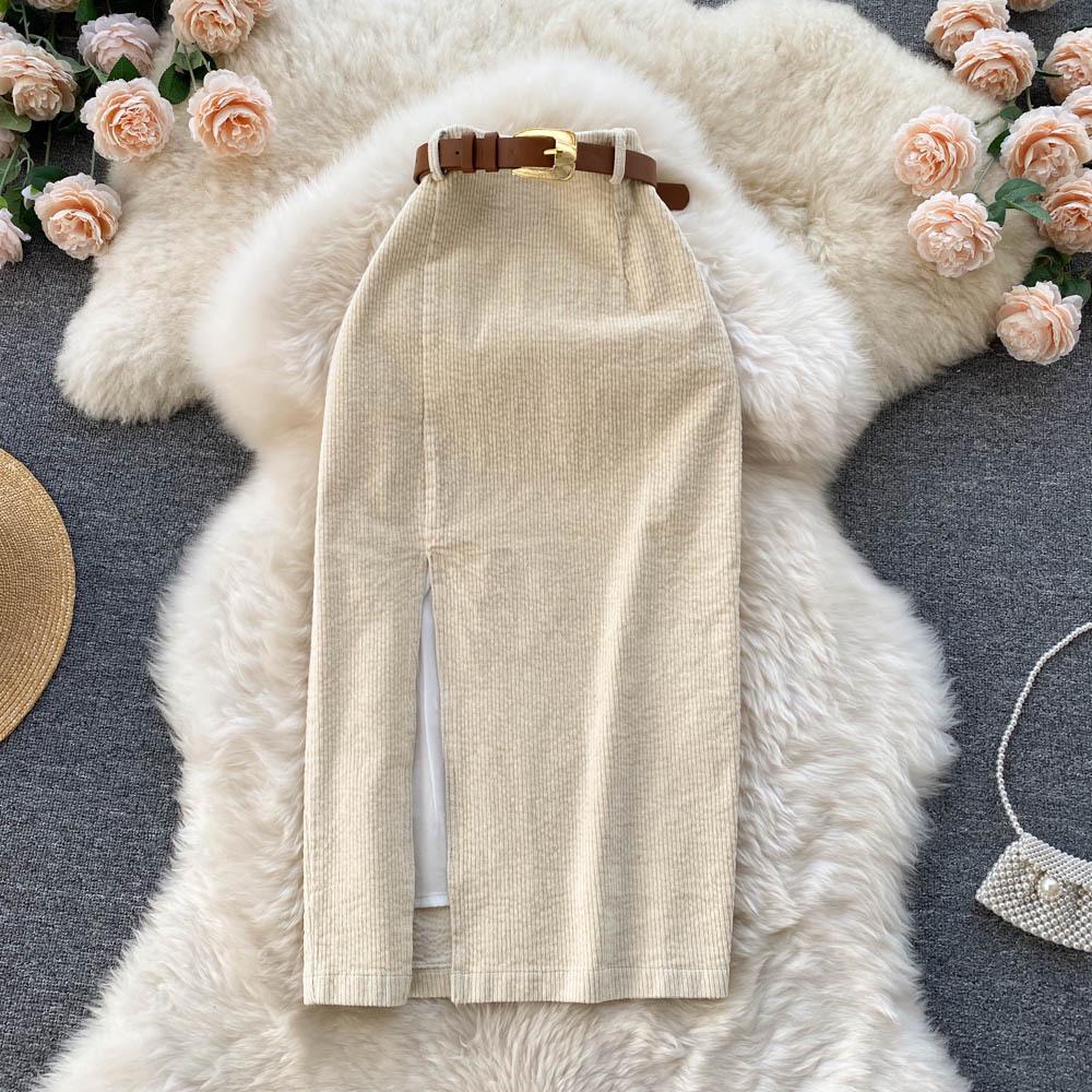 Юбка в стиле ретро с высокой талией и разрезом, свитер: Стиль Гонконг и Корея, облегающий, средней/длинной длины, подходит для ранней осени и зимы