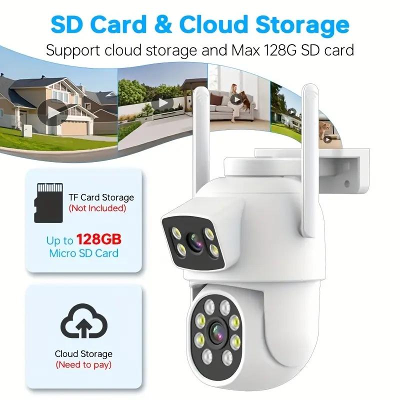 Двухобъективная WiFi камера безопасности и обзор 360°, PTZ отслеживание движения, 8МП защита безопасности IP-камера Двусторонняя аудиосвязь, Полноцветное ночное видение (Порт Type-C)