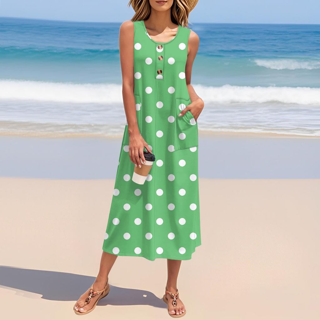 Women's Summer Polka Dot Print Dress Sleeveless Button Down Casual Loose Long Beach Sundress