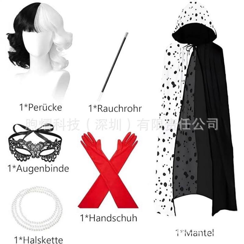Cruella Cosplay Full Set with Cloak Cape & Wig, 101 Dalmatians Carnival Role Play Outfit