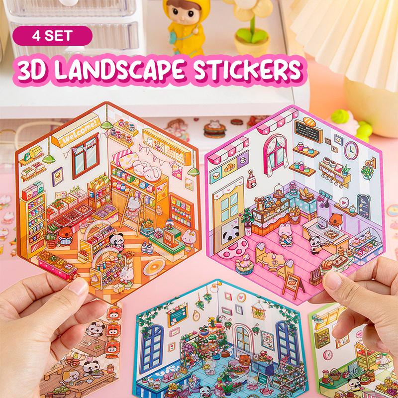 4 Набора Мультяшные Кавайные Миниатюрные Сцены Визуальные Наклейки для Складывания Миниатюрные 3D Наклейки со Сценами Пейзажей Наклейки для Рукоделия