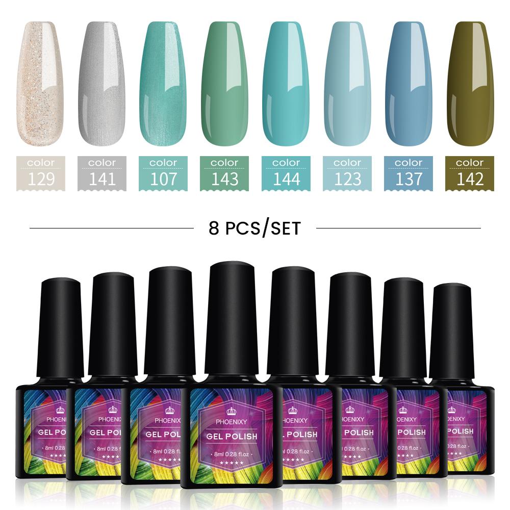 PHOENIXY 8 мл набор гель-лаков для ногтей 8 цветов УФ-гель-лак для ногтей стартовый набор Soak Off блестящий блестящий гель-лак для ногтей набор лаков для ногтей подарки маникюрный набор