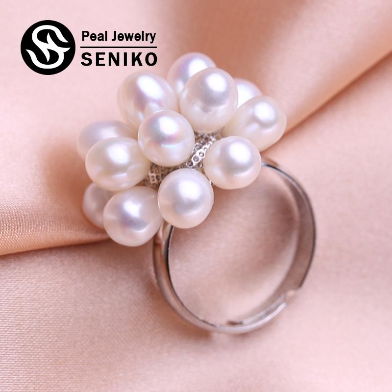seniko Кольца с натуральным пресноводным жемчугом для женщин, модное женское кольцо с кубическим цирконием и цветком, ювелирные изделия с жемчугом, регулируемое кольцо