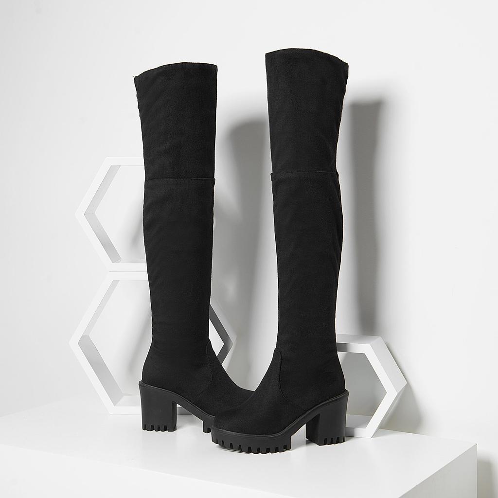 Q/Женские ботинки на высоком каблуке, осенние и зимние новые однотонные мотоциклетные ботинки большого размера