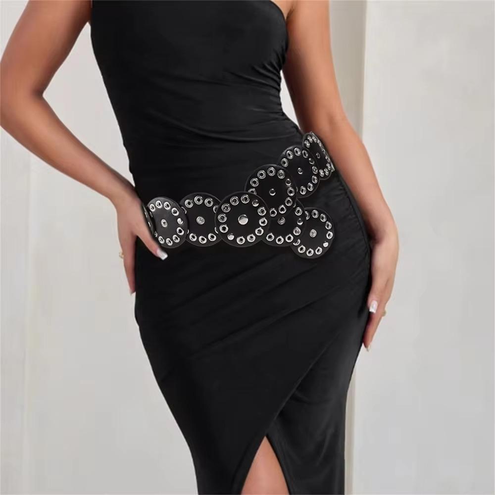 Retro Rivet Wide Belt Y2k Concho Waistband Fashion Disc PU Hollow Belt Girls
