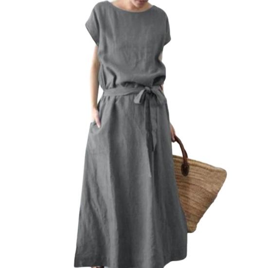 Женское платье макси из хлопка и льна в стиле бохо, летнее, с коротким рукавом, круглым вырезом, длинным платьем, поясом и карманами, повседневный пляжный сарафан