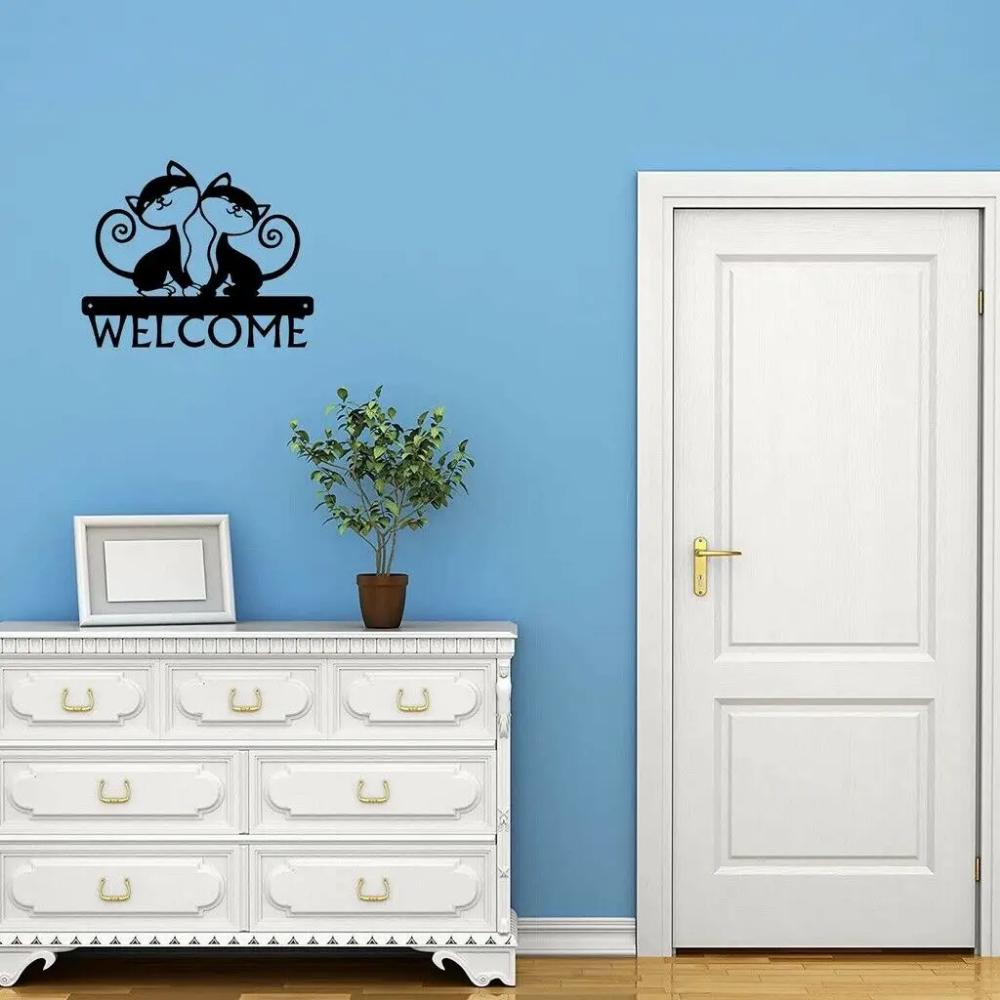 Twin Cats Welcome Sign Wall Stickers Shape Decoration Metal Ornaments Cats Welcome Sign Twin Wall Stickers Metal