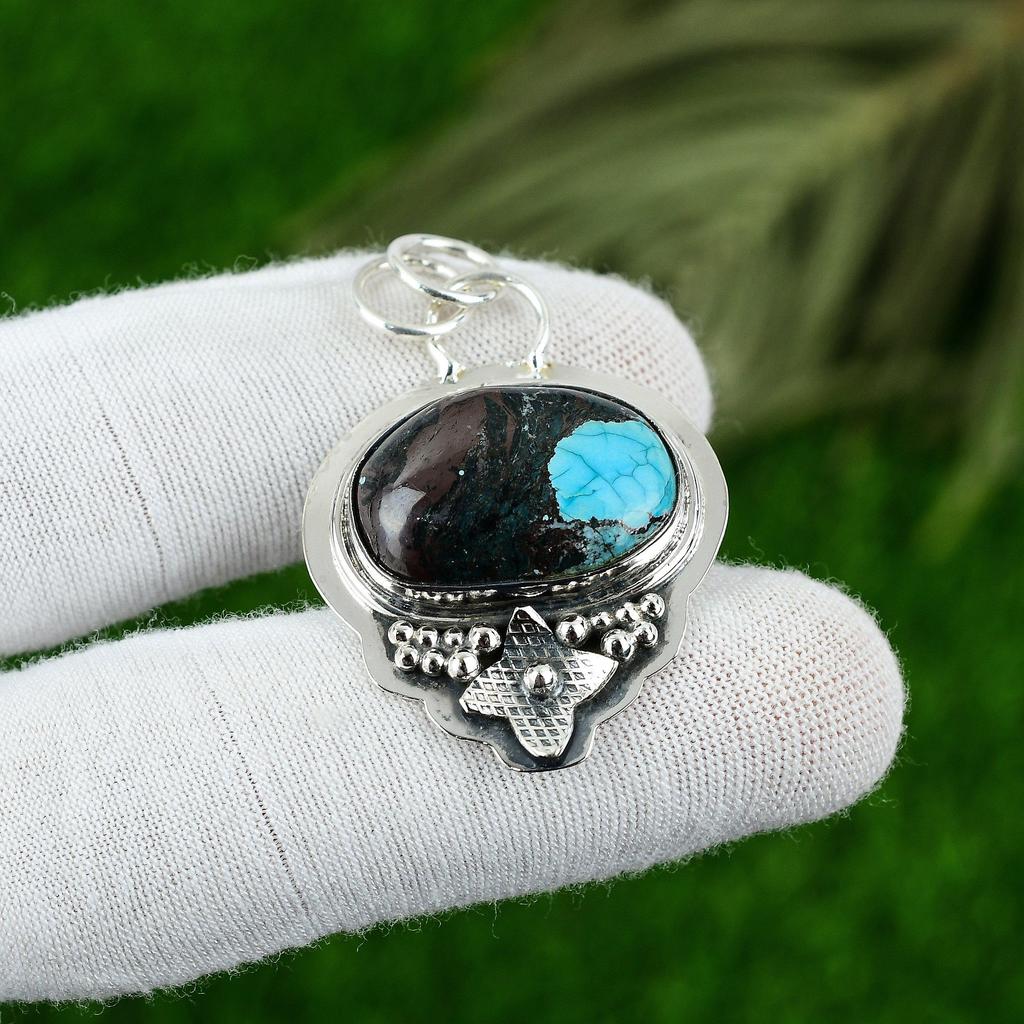 Natural Tibetan Turquoise Gemstone Jewelry 925 Sterling Silver Pendant For Girls