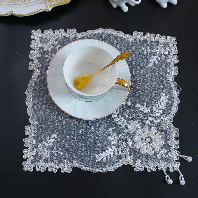 Dining Table decoration and accessories white mesh beads flower embroidery table place mat cloth Wedding Christmas placemat kitchen for Home